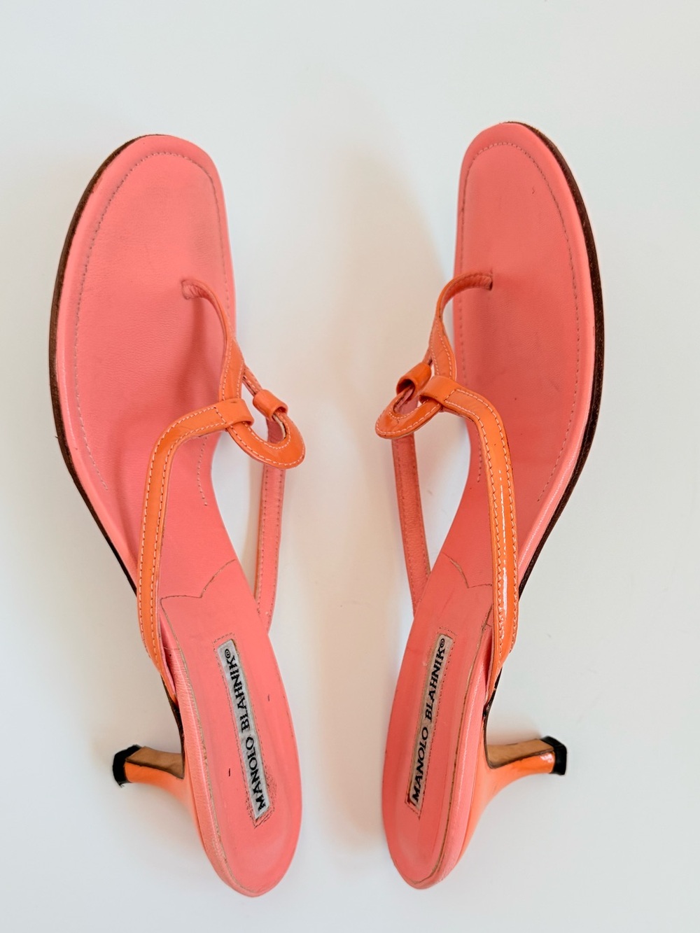 Manolo Blahnik Coral Pink Orange Thong Mule Sandals Heels EU 37.5 Italy Vintage - Picture 5 of 10